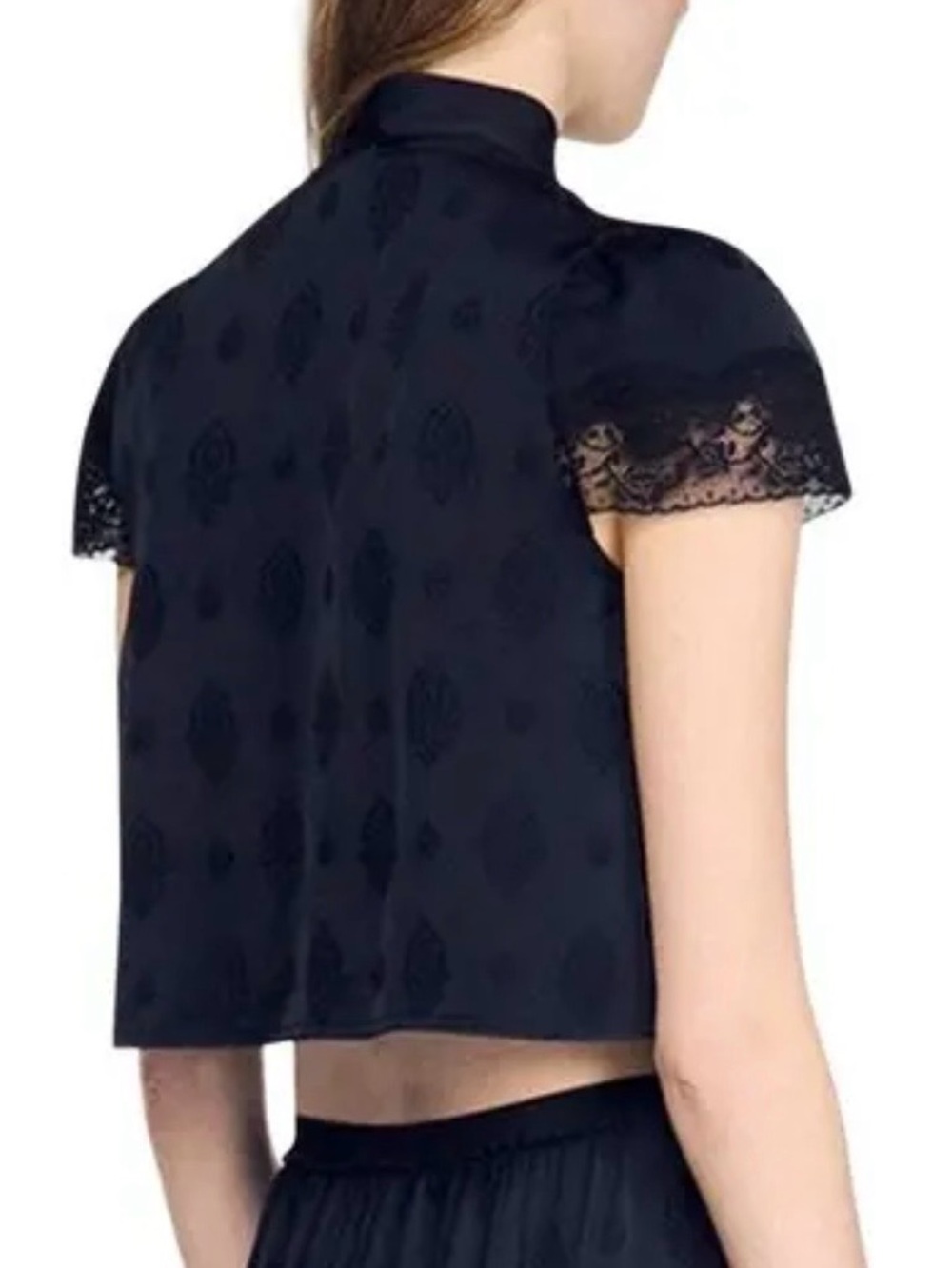 Sandro Hannah Black Lace-Trim Tie-Neck Crop Blouse - Picture 2 of 6